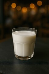 Glass of Milk on Dark Textured Table with Bokeh Background