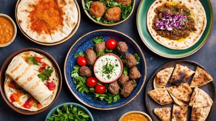 A Colorful Spread of Delicious Global Cuisine on a Dark Surface