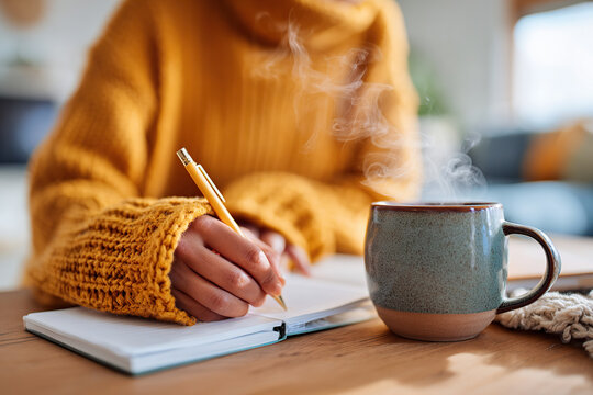 Cozy autumn morning with a warm drink and creative writing session at home - Powered by Adobe
