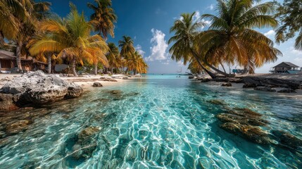 Fototapeta premium Pristine tropical beach with crystal-clear water and palm trees