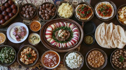 Fototapeta premium Abundant Middle Eastern Feast with Varieties of Dishes and Sides