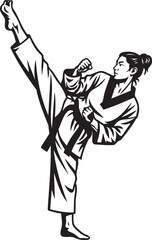 A female martial artist performing a high-kick in a black and white illustration.