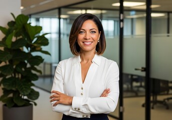 Fototapeta premium Confident Professional Woman Posing with Crossed Arms in a Modern Office Environment with Plants and Glass Walls