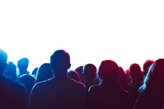 Crowd silhouettes vibrant stage lighting isolated on a transparent background.PNG