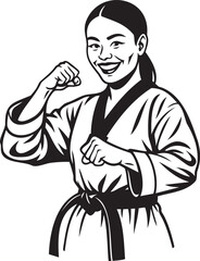 Confident female martial artist, black belt, strong, smiling, Taekwondo pose.