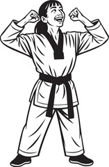 Triumphant Taekwondo athlete celebrates victory, arms raised in joy.