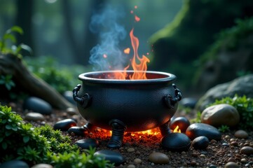 A cauldron boiling over an open fire outdoors, surrounded by forest greenery.