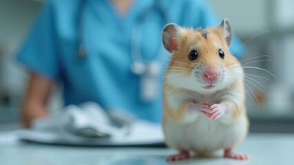 hamster with alert expression sits in veterinary clinic. Blurred medical professional in blue uniform in background