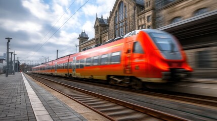 Fototapeta premium German train swiftly departs from a historic train station
