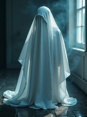 A ghostly figure draped in a white sheet stands by a window, capturing a Halloween spooky vibe.