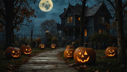 An old creepy house with a path leading to it with Halloween pumpkins