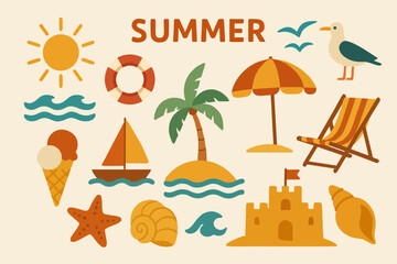 A colorful summer-themed illustration featuring a sun, lifebuoy, palm tree, beach umbrella, seagull, ice cream, sailboat, starfish, seashell, and sandcastle.