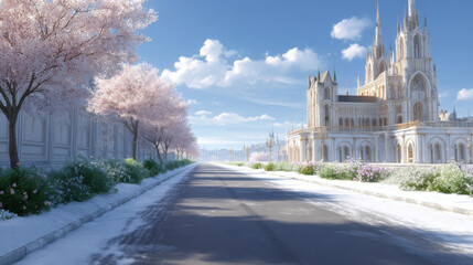 snowy road leads towards majestic temple surrounded by vibrant blooming plants on both sides