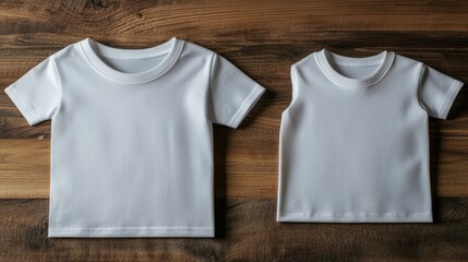 Two plain white children's shirts, a t-shirt and a tank top, lie flat on a rustic wooden surface.