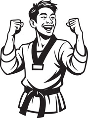 A smiling young man in a taekwondo uniform raises his fists in a gesture of victory and celebration.