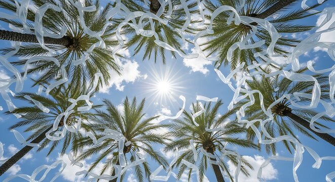 Looking up through palm trees adorned with streamers on a bright sunny day with a clear blue sky above the tropical paradise - Powered by Adobe