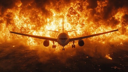 Airplane engulfed in massive fire, descending through fiery inferno.
