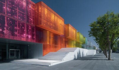 thermochromic faÃ§ade material changing color with temperature, futuristic building detail 