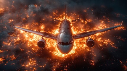 Passenger airplane engulfed in flames, flying through a fiery inferno, suggesting a crash or disaster.