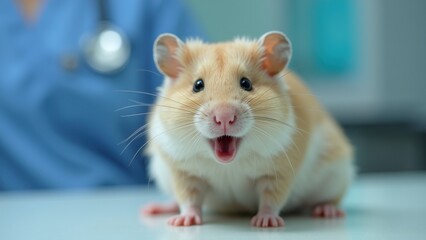 hamster with alert expression sits in veterinary clinic. Blurred medical professional in blue uniform in background
