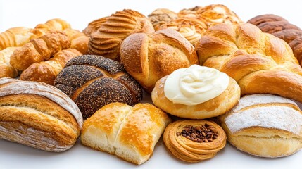 Assorted Freshly Baked Bread Rolls and Pastries on White Background