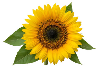 Obraz premium Bright yellow sunflower with green leaves isolated on transparent background