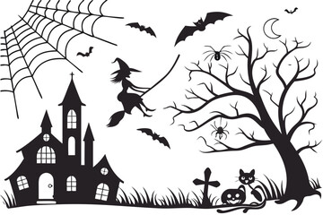 Halloween scene witch flying haunted house bats spiders moon cat pumpkin broom