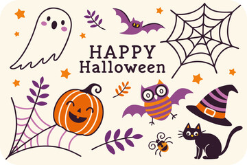 Fototapeta premium Happy Halloween themed vector illustration featuring ghost pumpkin owl bat cat spider witch hat