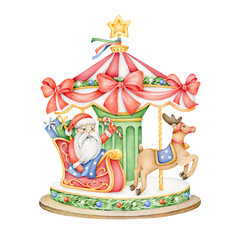 Watercolor Christmas merry go round with santa claus and deer.New year and Christmas card illustration.Amusement park.Tradional Christmas art in red,green,blue colors.Christmas celebration.Carrousel