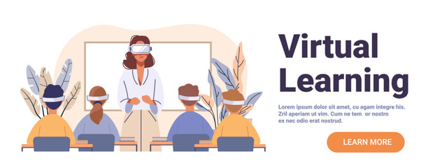 Virtual learning classroom teacher students VR headsets modern technology education plants abstract background website banner