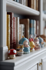 whimsical childrens bookshelf filled with enchanting fairy tale character figurines
