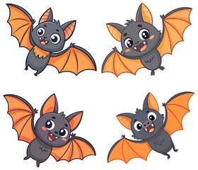Playful bat characters in various flying poses with cute faces and colorful wings