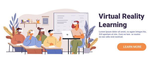 Virtual reality classroom technology education students teacher using VR headsets laptop modern school interior plants books whiteboard website banner