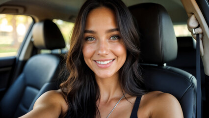 young beautiful woman taking selfie in car