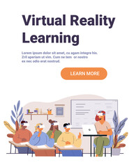 Virtual reality classroom students teacher technology immersive education modern school interior plants whiteboard desks digital learning landing page