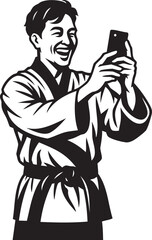 A smiling man in a kimono takes a picture with a smartphone, capturing the moment.