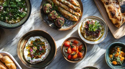 Assorted Middle Eastern Dishes on a Marble Table Setting