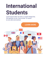 International students multicultural group world map diverse young people with backpacks and smartphones national flags decorative plants website banner