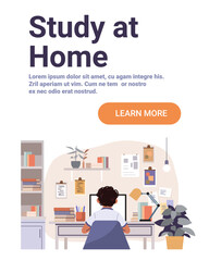 Student studying at desk home learning workspace computer books lamp plant modern interior educational concept website banner