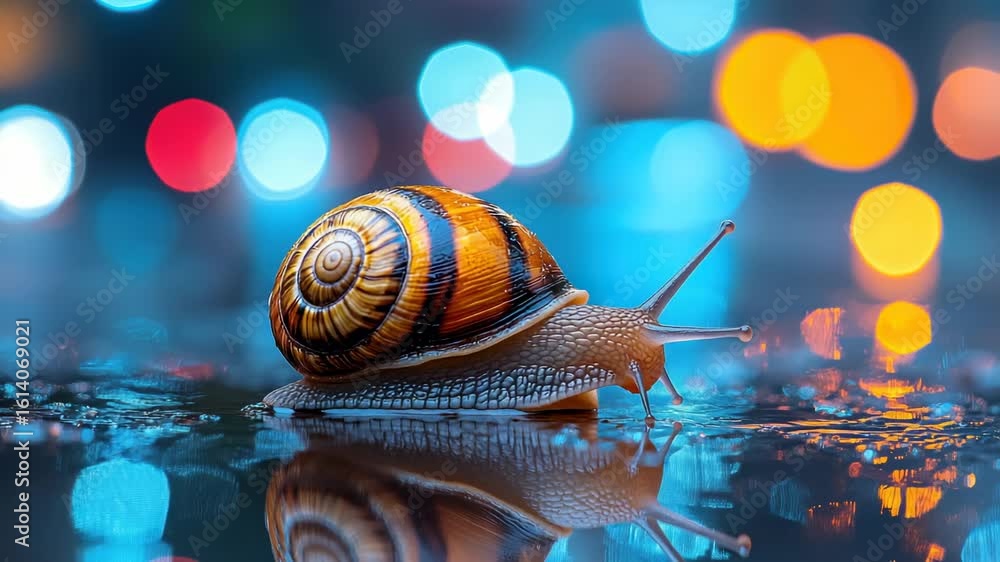 Poster snail in puddle with bokeh lights