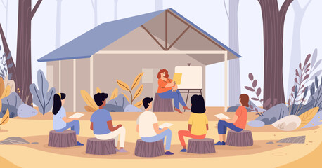 Outdoor classroom teacher students learning nature lesson group sitting on tree stumps forest background modern education concept website banner
