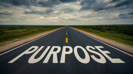 Open road with purpose sign and dramatic sky leading to infinite horizon ahead