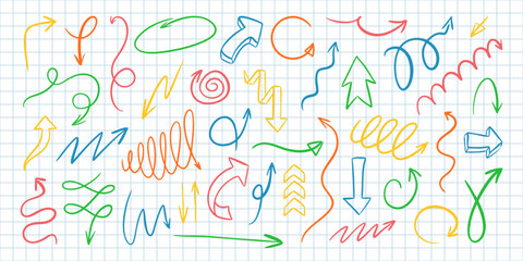 Doodle arrows in pencil, pen, and marker style. Vector icon set with scribbles, brush strokes, curves, and motion lines. Great for school, navigation, or decorative designs.