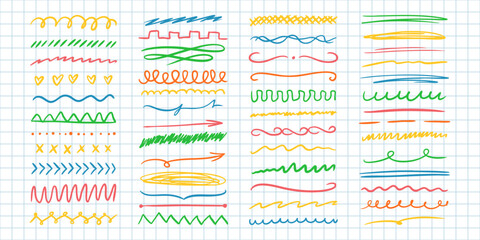 Doodle underline set with scribbled, wavy, and textured brush strokes. Hand-drawn lines in ink, pencil, and marker styles. Perfect design elements for banners or highlights.
