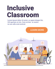 Inclusive classroom diverse students learning teacher desk wheelchair collaborative education laptops books modern school interior website banner