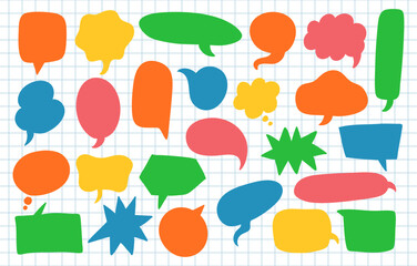 Doodle-style speech and thought bubbles. Vector set with cartoon clouds, frames, and chat boxes. Fun hand-drawn elements for communication, comics, and expressive design.