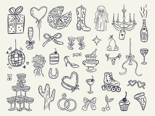 Whimsical hand-drawn bachelorette party icons. Doodle set with cowgirl boots, cocktails, sunglasses, and wedding elements. Retro, feminine, and playful design for bridal invites.
