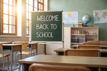 AI-Generated Back-to-School Classroom Scene with Desks, Chalkboard, and Educational Decor