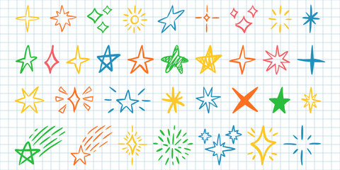 Whimsical hand-drawn stars with stripes, sparkles, and pastel strokes. Vector icons in doodle style, ideal for kids' art, blackboard designs, and magical, fun illustrations.