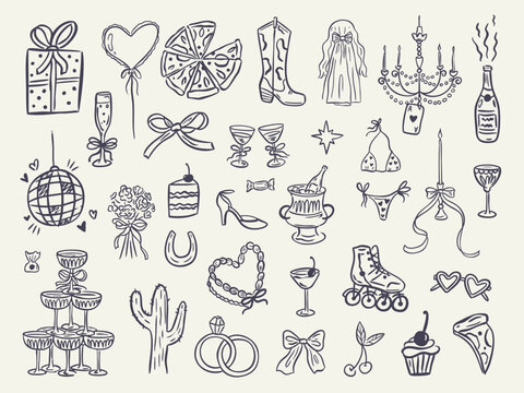 Whimsical hand-drawn bachelorette party icons. Doodle set with cowgirl boots, cocktails, sunglasses, and wedding elements. Retro, feminine, and playful design for bridal invites.